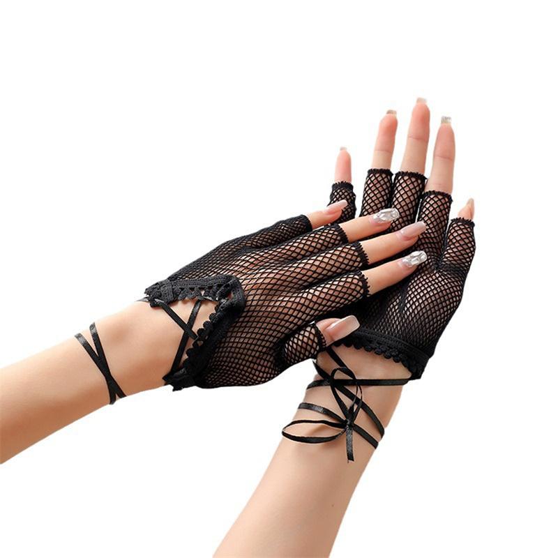 Fashion Women's Mesh Lace Gloves Dancing Party Half Finger Skeleton Gloves Halloween Short Gloves