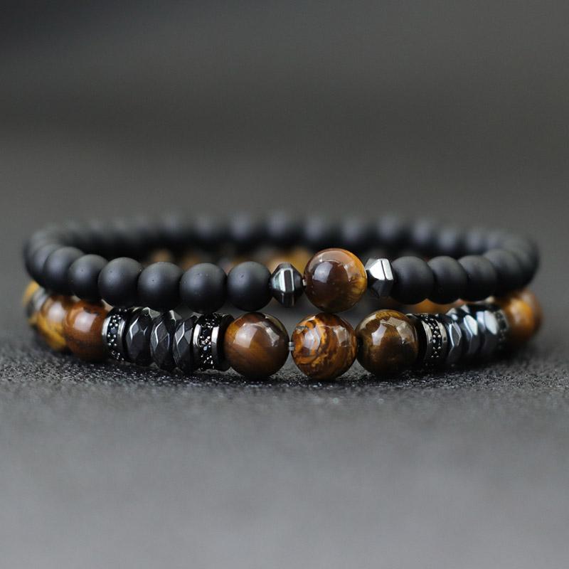 Novel 2 Pieces Men Bracelet Set 6mm 8mm Tiger Eyes Volcanic Rock Stone Beaded Braclet Luxury Zirconia Braslet Pulseria Hombre