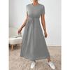 Crew Neck Solid Color Dress - Short Sleeve Drawstring Waist Side Pocket Shift Dress, Casual Breathable Cotton Tunic, Minimalist Everyday Outfit