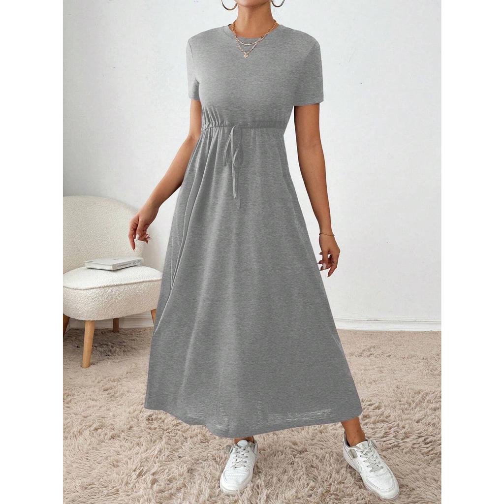 Crew Neck Solid Color Dress - Short Sleeve Drawstring Waist Side Pocket Shift Dress, Casual Breathable Cotton Tunic, Minimalist Everyday Outfit