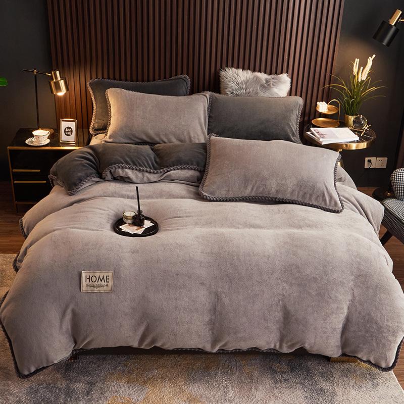 Thickened milk fleece four-piece set crystal fleece thermal bed sheet double-sided fleece quilt cover solid color