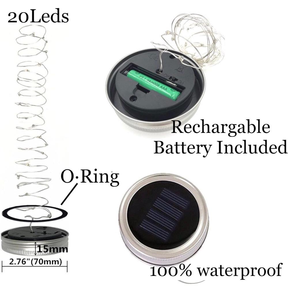 Solar Mason Jar Lid Light 20 Leds Fairy String Lights with Handles for Garden Hanging Lantern Patio Wedding Party (No Jar)