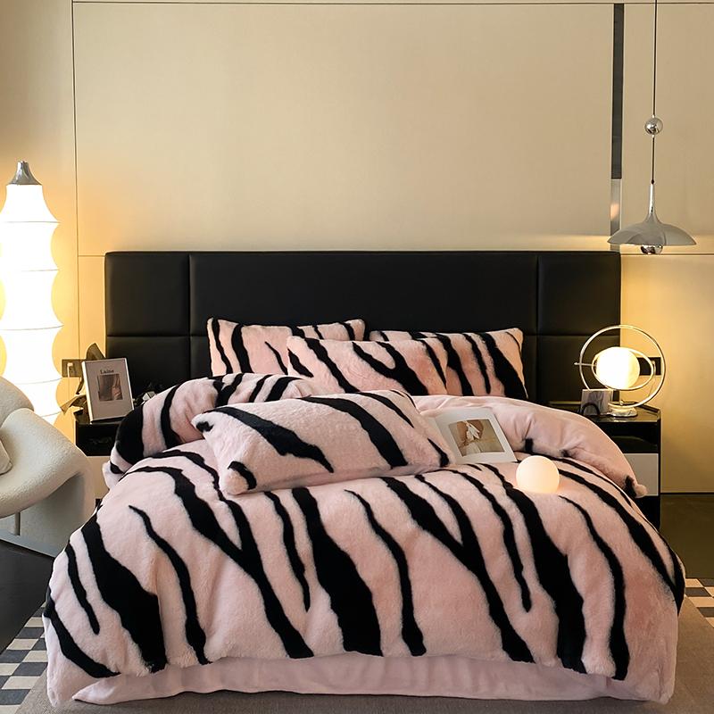 4Pcs Thickened Winter Faux Rabbit Milk Velvet Zebra Print Bedding Set Short Plush Soft Warm Duvet Cover Set Bed Sheet Pillowcase