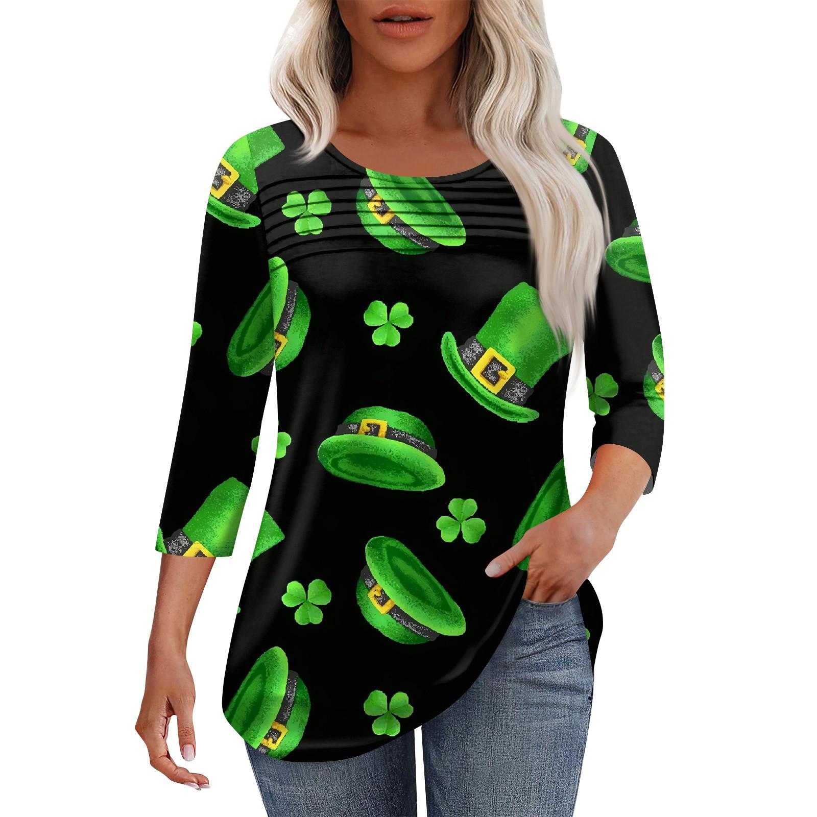 

Женская мода круглый вырез шея плиссированная передняя планка однотонный топ рукав 3/4 XL