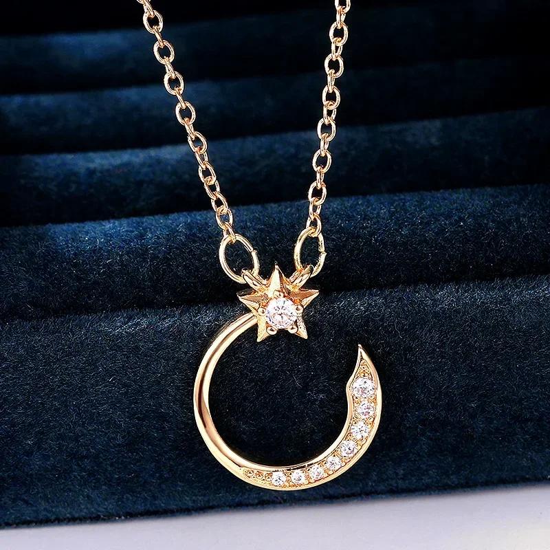 

Aesthetic Star Moon Pendant Necklace for Women Romantic Bridal Wedding Party Accessories Modern Design CZ Fashion Jewelry 45cm