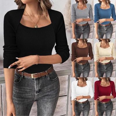 Gebreide trui met lange mouwen, vierkante hals, pullover, basis shirt voor dames