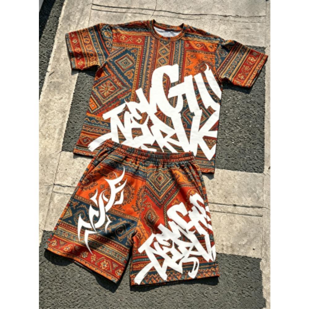 Fashion Bohemian Colors Pattern Printed Street Women s T-shirt and Shorts 2 Piece Set Summer Home Casual Outfit Men s and Women s Sports Set XXS
