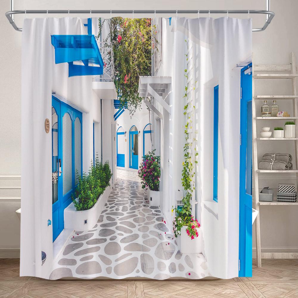 

Seaside Townscape Shower Curtain Mediterranean Blue White Architectural Natural Flowers Ocean Polyester Bathroom Curtains Decor 90x180cm-35x70in