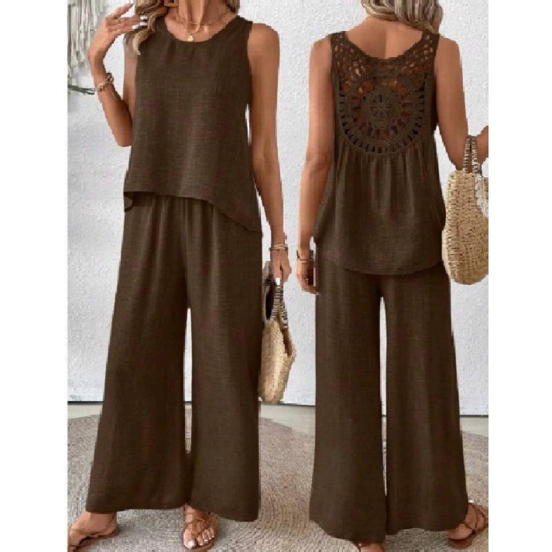 YYFS Women's Fashion Casual Spring Autumn Solid Color Print Sleeveless O-Neck Trousers Pants Suits