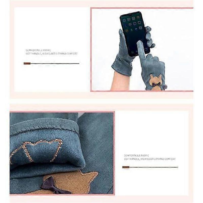 Suede Dust Mittens with Embroidered Cat Motifs, Touch Screen Gloves for Women, Warm and Velvety Cartoon Cat Finger Gloves, Black