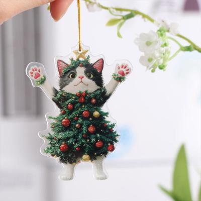 2D Christmas Cat Pendant Acrylic Cartoon Xmas Tree Ornaments Xmas Black Cat Pendant Decorative Cat Car Pendant Christmas Day