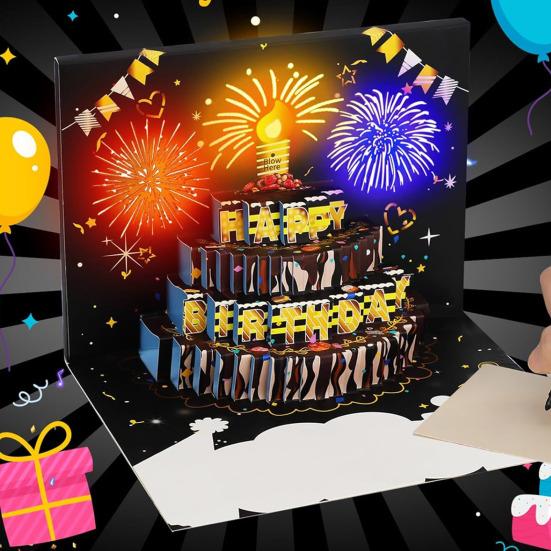 כרטיס יום הולדת תלת מימדי מתעופף מוזיקה קלה יום הולדת שמח כרטיס ברכה זוהר עם עיצוב עוגה כרטיס יום הולדת אינטראקטיבי