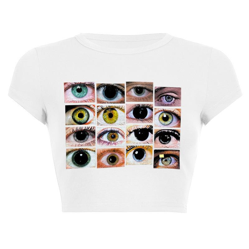 European, American English slogans Printed sexy exposed navel short T-shirt fashionable round neck slim slim top women's multi-picture