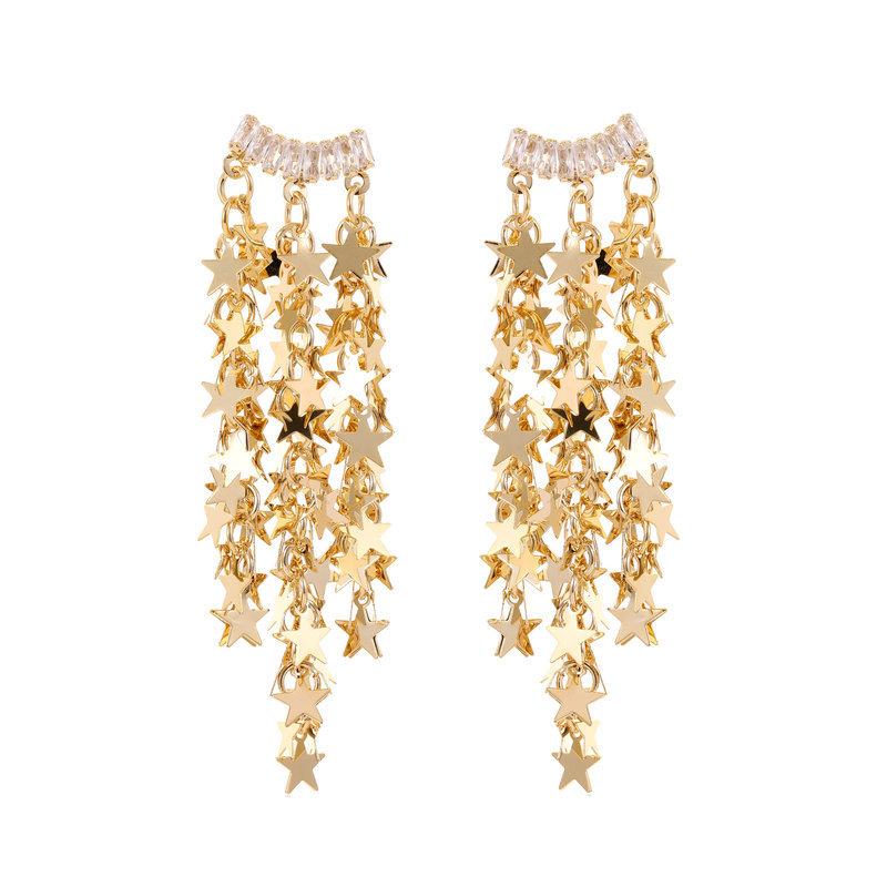 New Metal Sequins Pentagram Earrings Star Waterfall Tassels Exaggerated Earrings