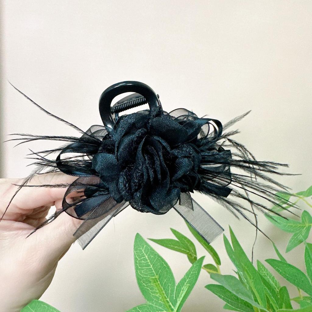 Elegant High-End Black Camellia Feather Hair Claw Clip