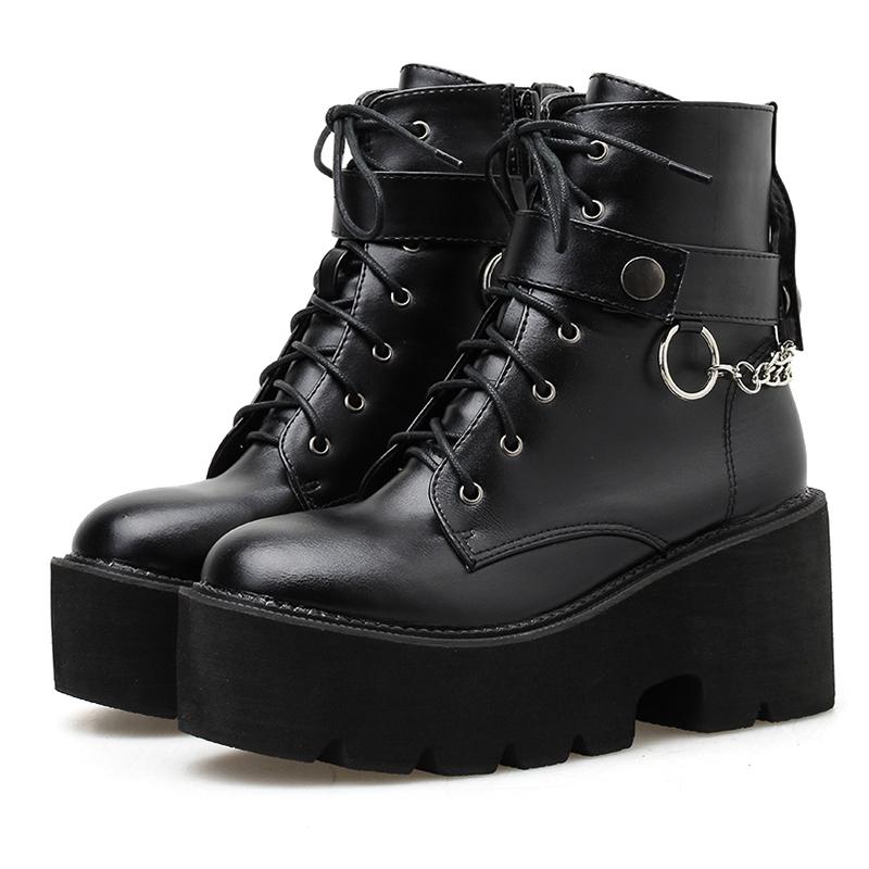 Gdgydh Sexy Chain Women Leather Autumn Ankle Boots Block Heel Gothic Black Punk Platform Shoes Female Footwear