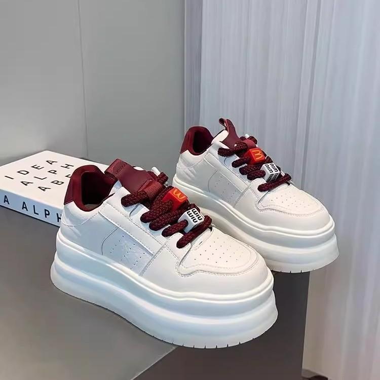 Leather platform white shoes women's 2025 spring new versatile height increase 6CM bread shoes small muffin shoes