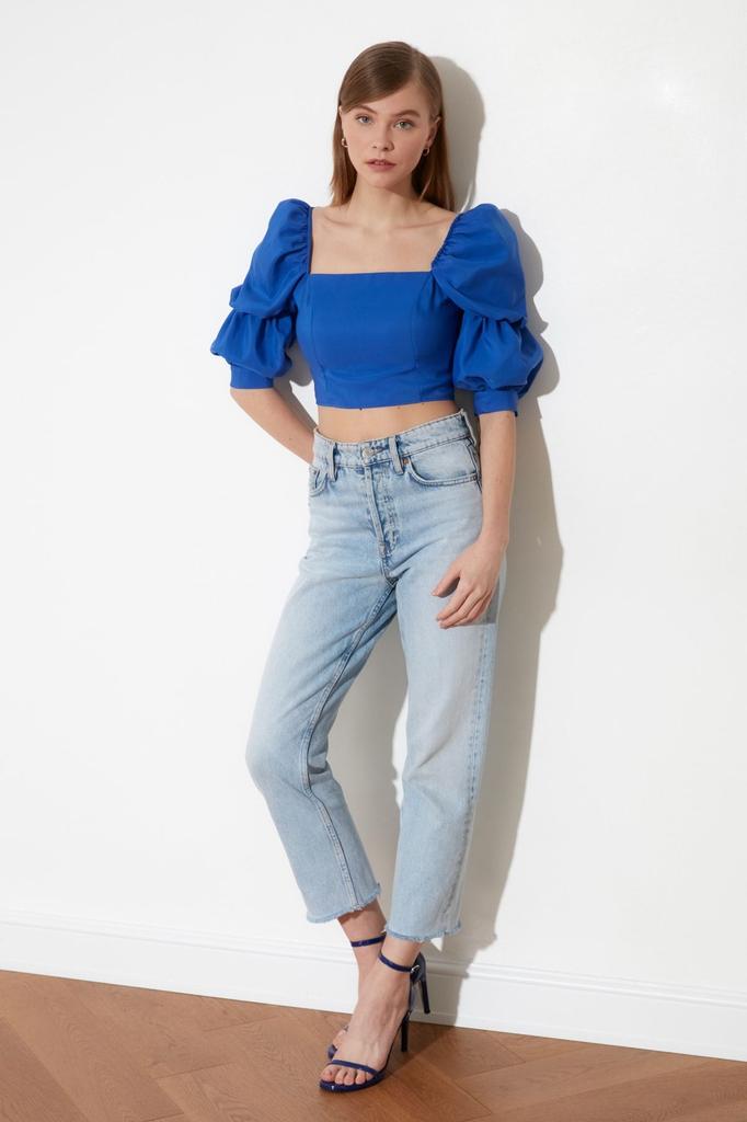 Women's Style Blouse Indigo Crop Balloon Sleeve Square Neck Woven Blouse