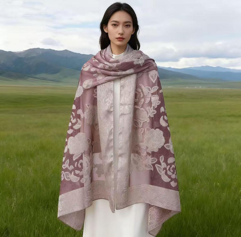 High-End Ethnischer Cut-Out Retro Floral Organza Jacquard Schal