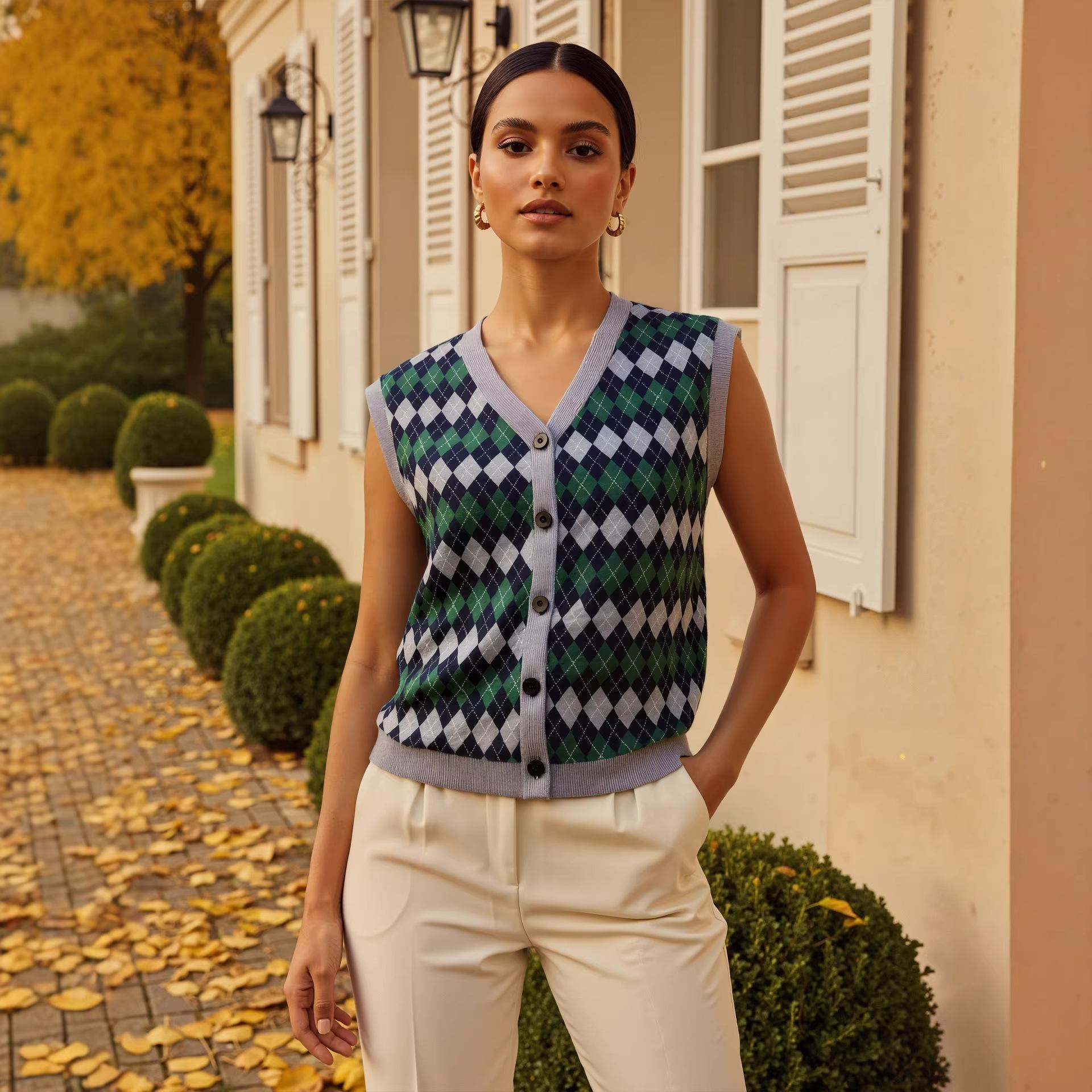 Vintage jacquard V-neck knitted vest women s spring new loose European and American versatile sweater vest top S