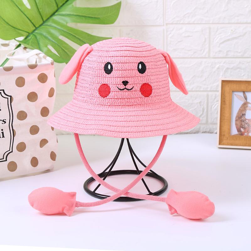 Children'S Straw Hat Summer Sun Protection Sun Hat Cute Pikachu Ears Can Move Rabbit Hat Outdoor Tourist Attractions