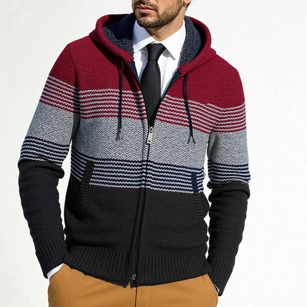 Men's Plush And Thick Color Matching Sweater Men's Clothing Jacket Hooded Cardigan