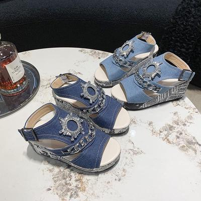 Übergröße Strass Keilabsatz Denim Peep Toe Sandalen - 2023 Modische & Bequeme High Heels
