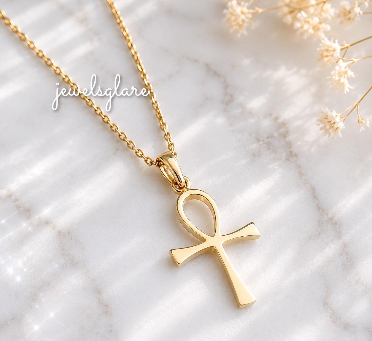 14K Gold Ankh Cross Necklace, Key