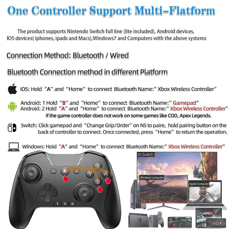 Bluetooth Controller for Switch/Mac/PC/Steam/Mobile Phone/iOS/Android//TV/iPad/Table/Apple Arcade MFi Games, Switch Pro
