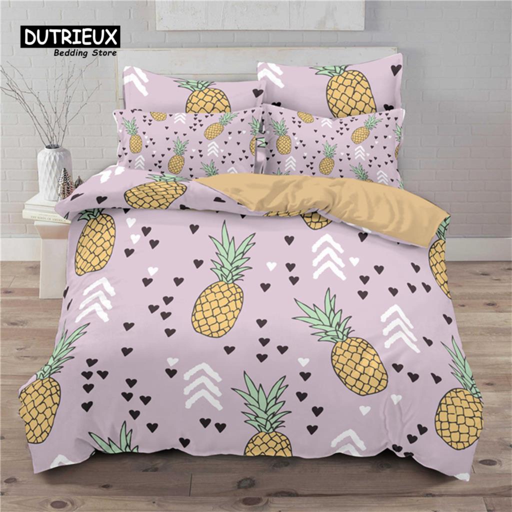 Funny Tropical Fruit Bedding Set Microfiber Pineapple Pear Geometric Pattern Duvet Cover With Pillowcases For Kids Bedroom Decor