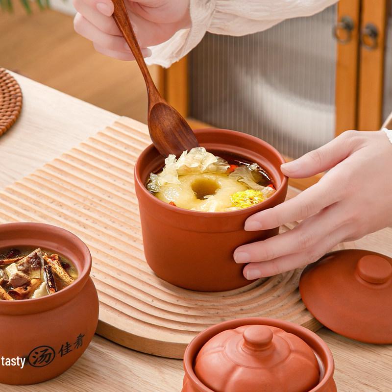 Purple Clay Double-Boiler Stew Pot with Lid - Chinese Retro Health Pot for Stews, Soups, and Steamed Eggs.