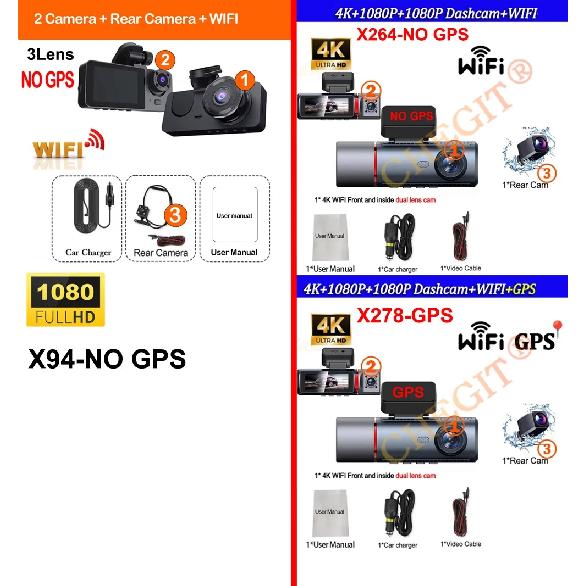UHD 4K Dash Cam 3 Lens Driving Recorder Car DVR 1080P Rear Lens Camera Built-In WiFi GPS 24-Hour Parking Monitoring Black Box