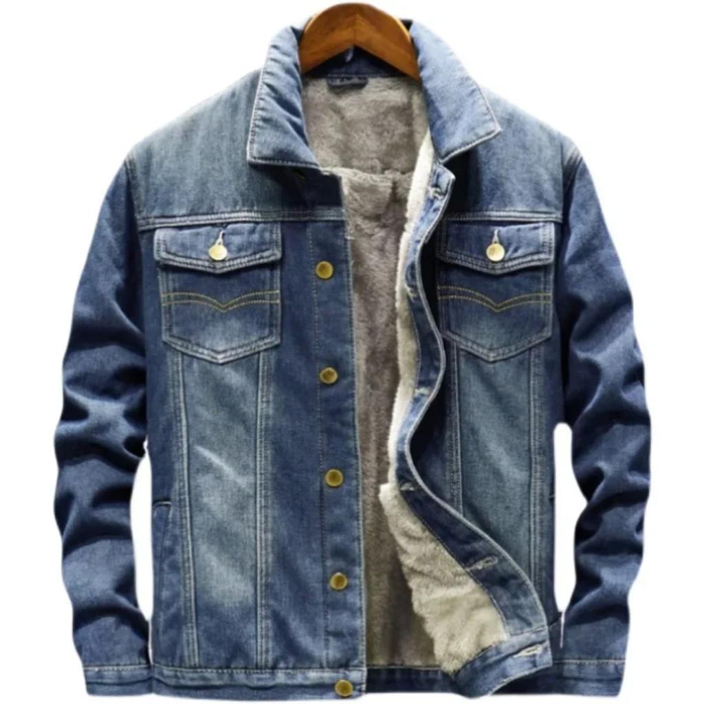 Denim Coat Men Thick Jackets Warm Coats Turn Down Collar Full Sleeve Single Breasted Simple Casual Loose Jacket Winter