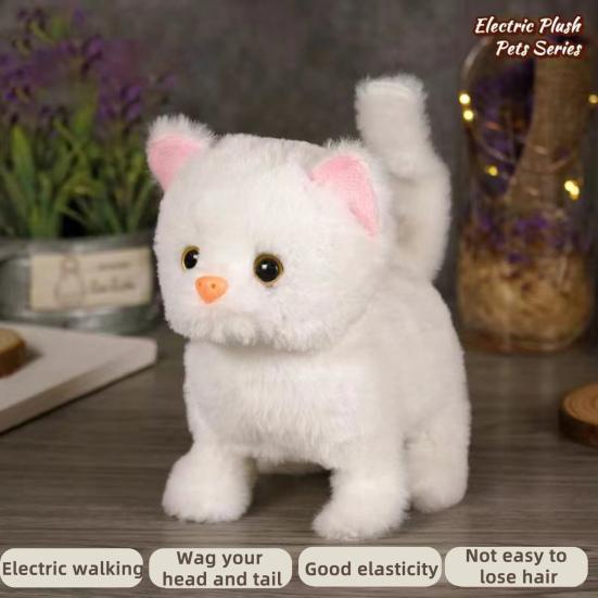 Kids Electric Plush Cat Toy Walking Head Shaking Tail Wagging Interactive Kitten Plushie Toy Toddlers Boys Girls Educational Simulation Animal Toy