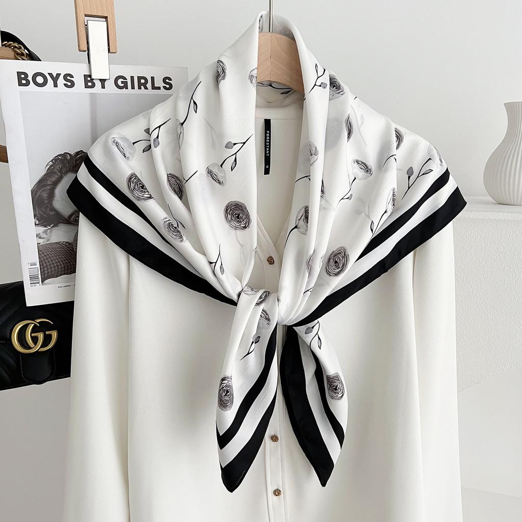 Korean High-end Rose Printing Simulation Silk Large Square Scarf Women's Thin Elegant Light Luxury Temperament Scarf Shawl