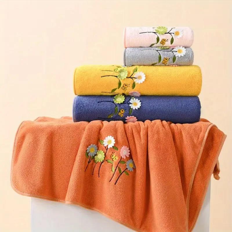 Flower-embroidered Bath Towel, Thickened Coral Fleece Absorbent Quick-drying Towel, Bath Towel