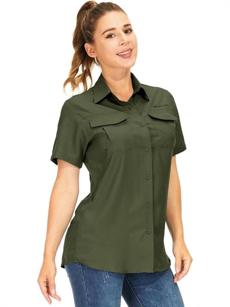 Dames 2026 Sneldrogend Kortmouwig Shirt - Effen Kleur, Borstzak met Klep, Ademend, Casual Outdoor Europees & Amerikaans Zomerstijl