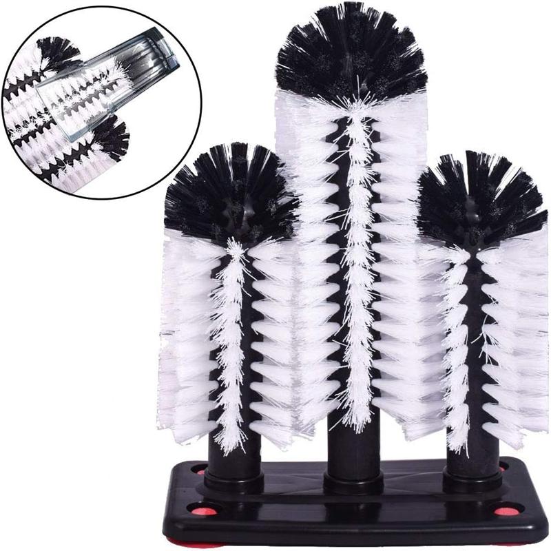 3PCS Bottle Cleaning Brush Set With Suction Base Long Handle Bristle Brush Heads For Glass Beer Cup Water Bottle Washer Kit