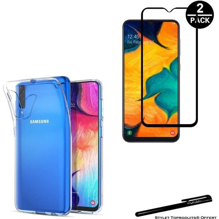 Coque de protection et verres trempés - Toproduits® - Samsung A50 - Transparent - Souple - Bords noirs courbés