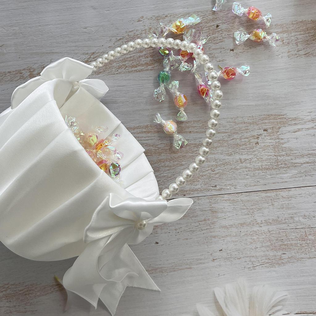 1pc Weiß Blumenmädchen Korb, Faux Perle & Schleife Dekor Hochzeit Blumenkorb Für Hochzeitsfeier