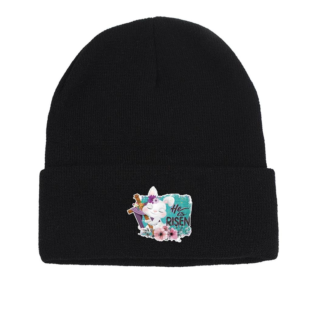 HE IS RISEN" Rabbit Print Knitted Cap Beanie, Easter Skull Cap Cancer Chemo Winter Sporting Headwear Knit Hat Beanie