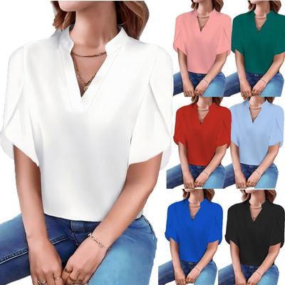 Women's Fashion Casual Solid Color Print Short Sleeve V Neck Blouses & Shirts