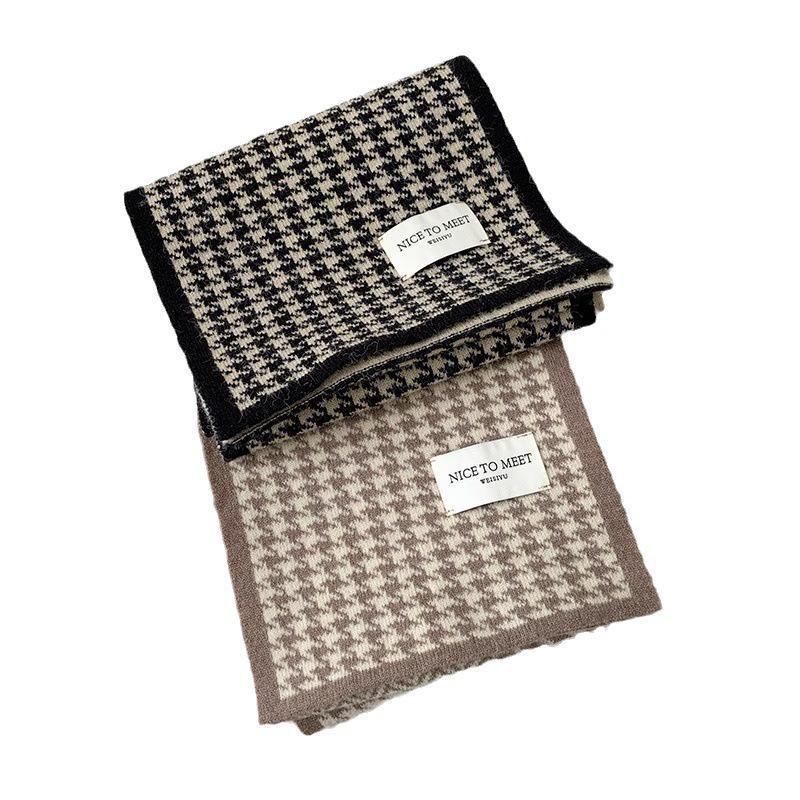 Korean-Style Houndstooth Knitted Scarf: Warm, Thick, All-Match Accessory for Autumn & Winter.