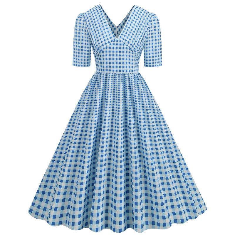 2023 Plaid Waist-Cinching Retro Hepburn Style Dress with Large Hem