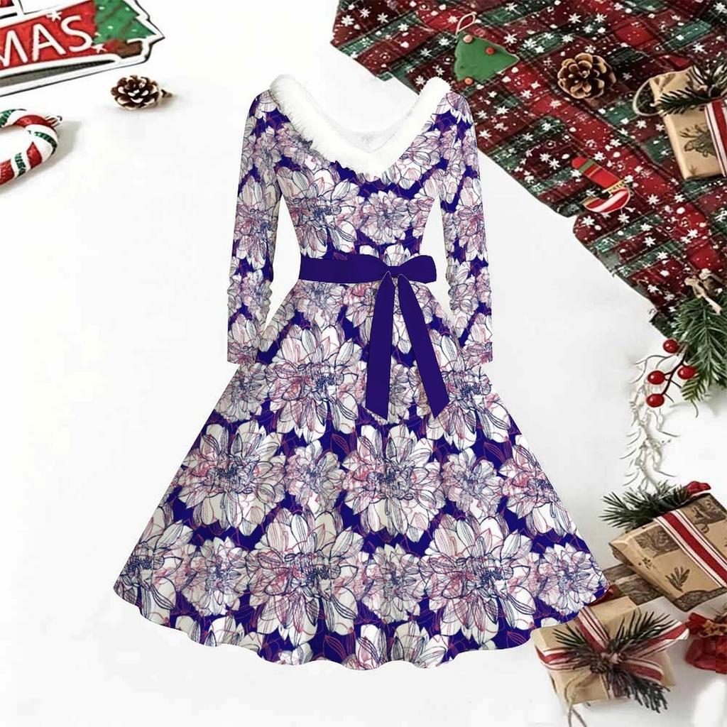 Women Floral Print Midi Dress, Long Sleeve V‑Neck Furry Trim A‑Line Party Dress, Christmas Limited Edition