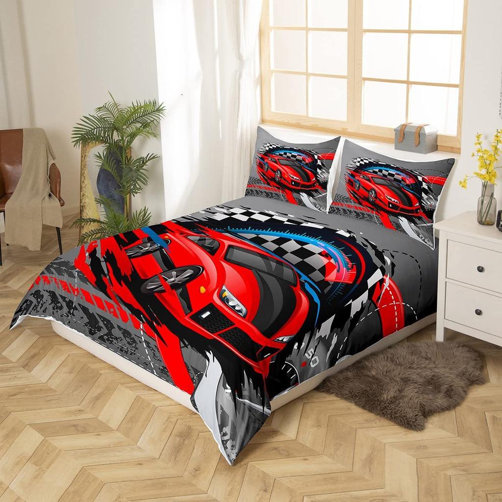 Red Cool Racing Car Three-Piece Quilt Cover Digital Printing Bedding Set Bed Cover