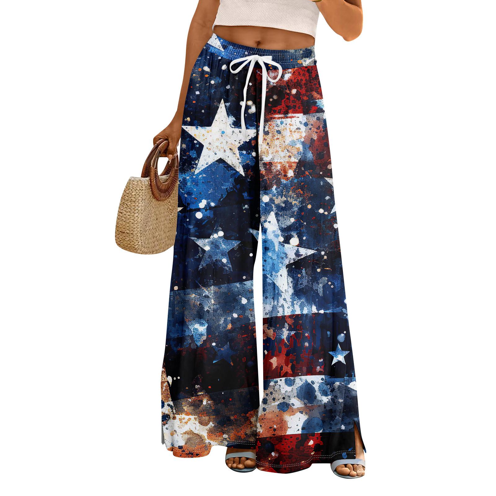 

Женские летние брюки-палаццо в стиле бохо с высокой талией, широкие повседневные брюки с принтом и карманами S
