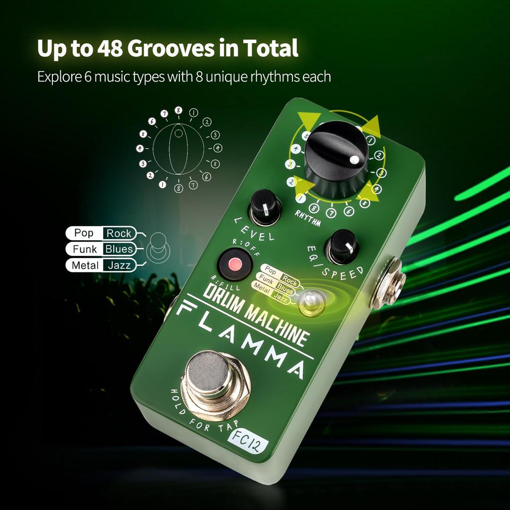 FLAMMA FC12 Drum Machine with FILL Function Guitar Drummer Pedal 6 Types of Music Up To 48 Drum Grooves Tap Tempo EQ Preset Drummer Green Real-time