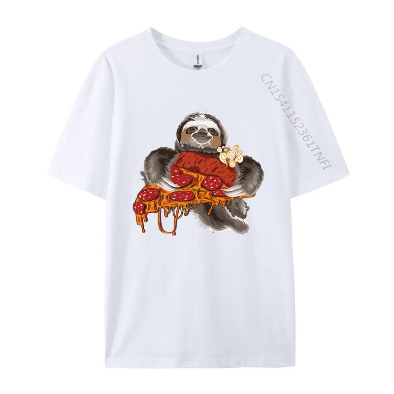 Sloth Holding Pepperoni Pizza Funny TShirt Tee Top Camisas Men Casual Clothing Gift Newest Tshirt Streetwear