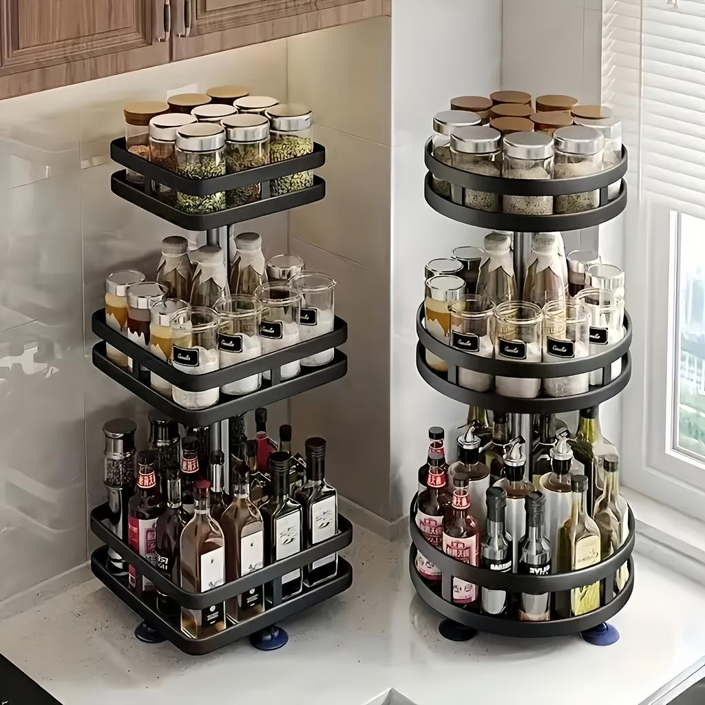Multifunctional Rotating Storage Box - Space-Saving Kitchen Organizer with Anti-Slip Countertop Holder for Spices & Cosmetics, Adjustable Height